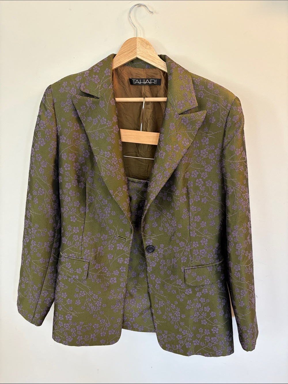 Tahari Olive and Lavender Floral Blazer and Skirt Set